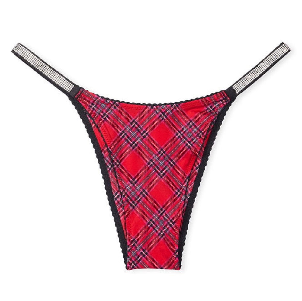 LACY PLAID Red Shine Strap BRAZILIAN Panty ⭐️ Victoria's Secret